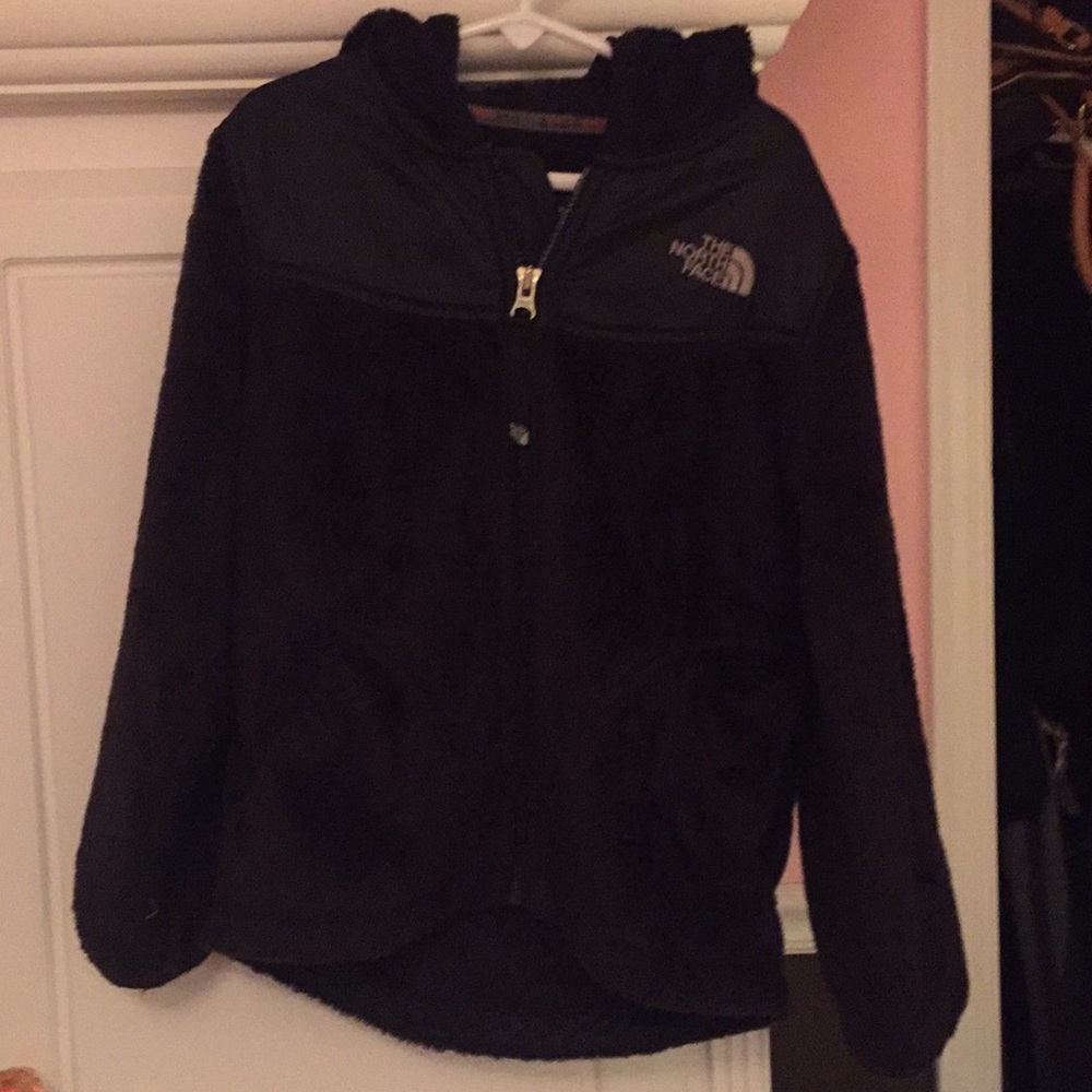 Girls black fuzzy North Face jacket Small